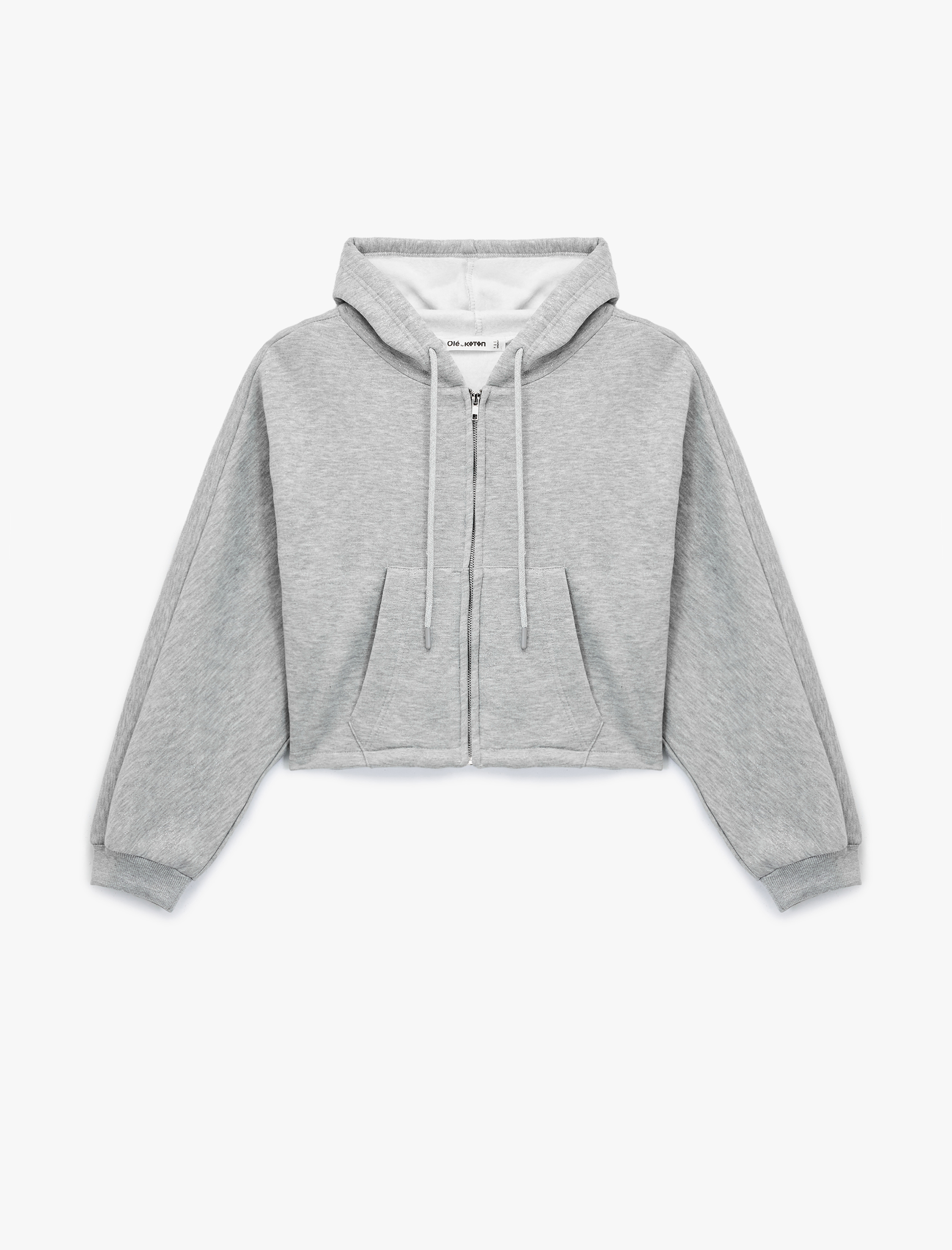 Şardonlu Kapüşonlu Baskılı Simli Cep Detaylı Fermuarlı Sweatshirt