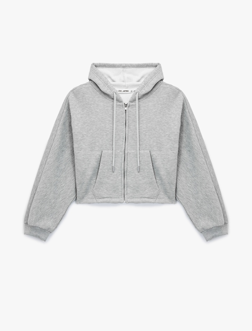   Şardonlu Kapüşonlu Baskılı Simli Cep Detaylı Fermuarlı Sweatshirt