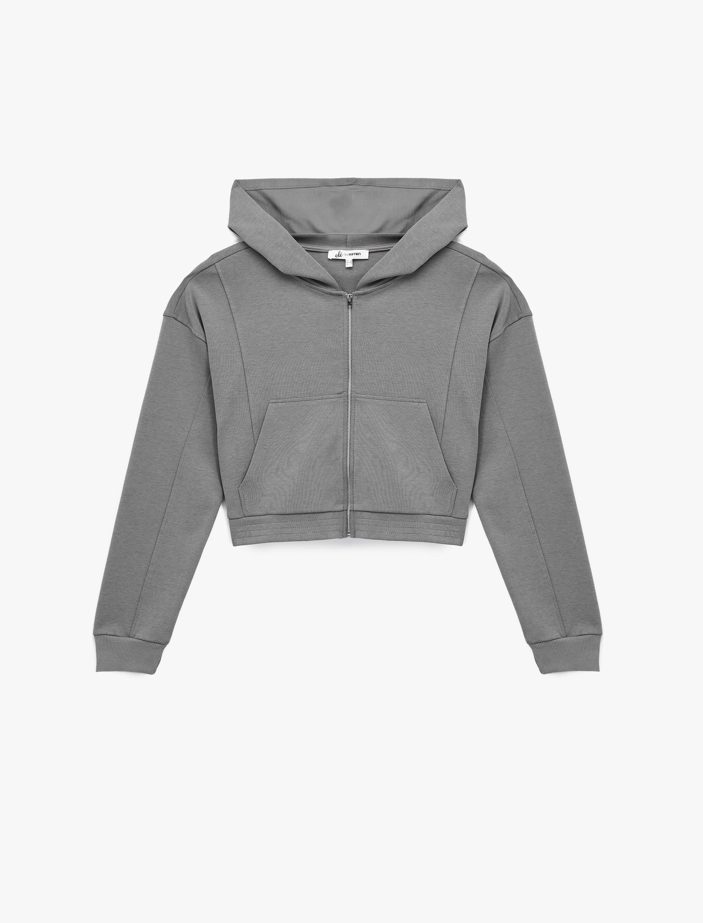   Rahat Kalıp Kanguru Cepli Fermuarlı Yıkamalı Kapüşonlu Crop Sweatshirt