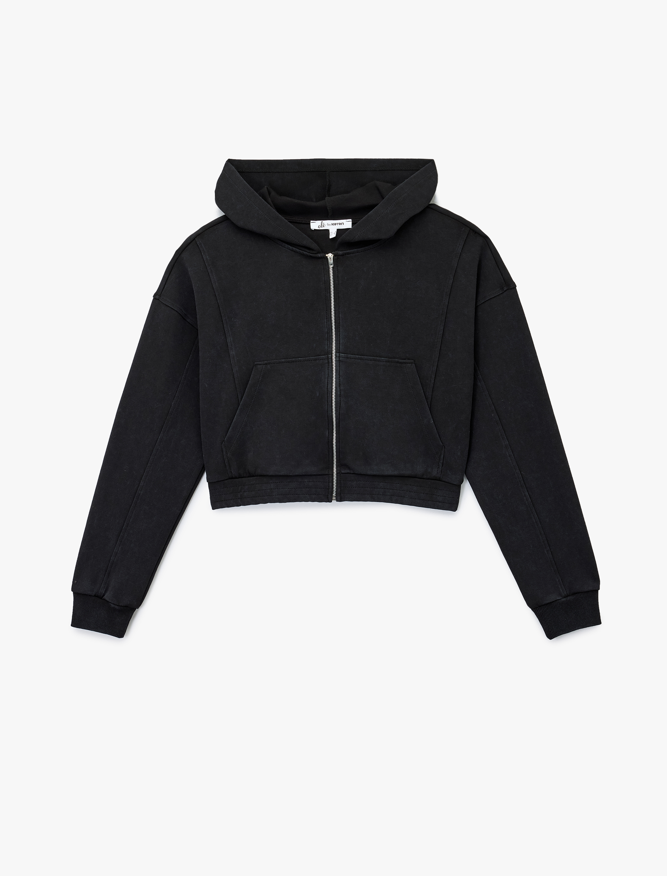   Rahat Kalıp Kanguru Cepli Fermuarlı Yıkamalı Kapüşonlu Crop Sweatshirt