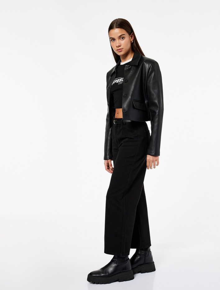  Pamuklu Cep Detaylı Düğmeli Kısa Geniş Paça Pantolon