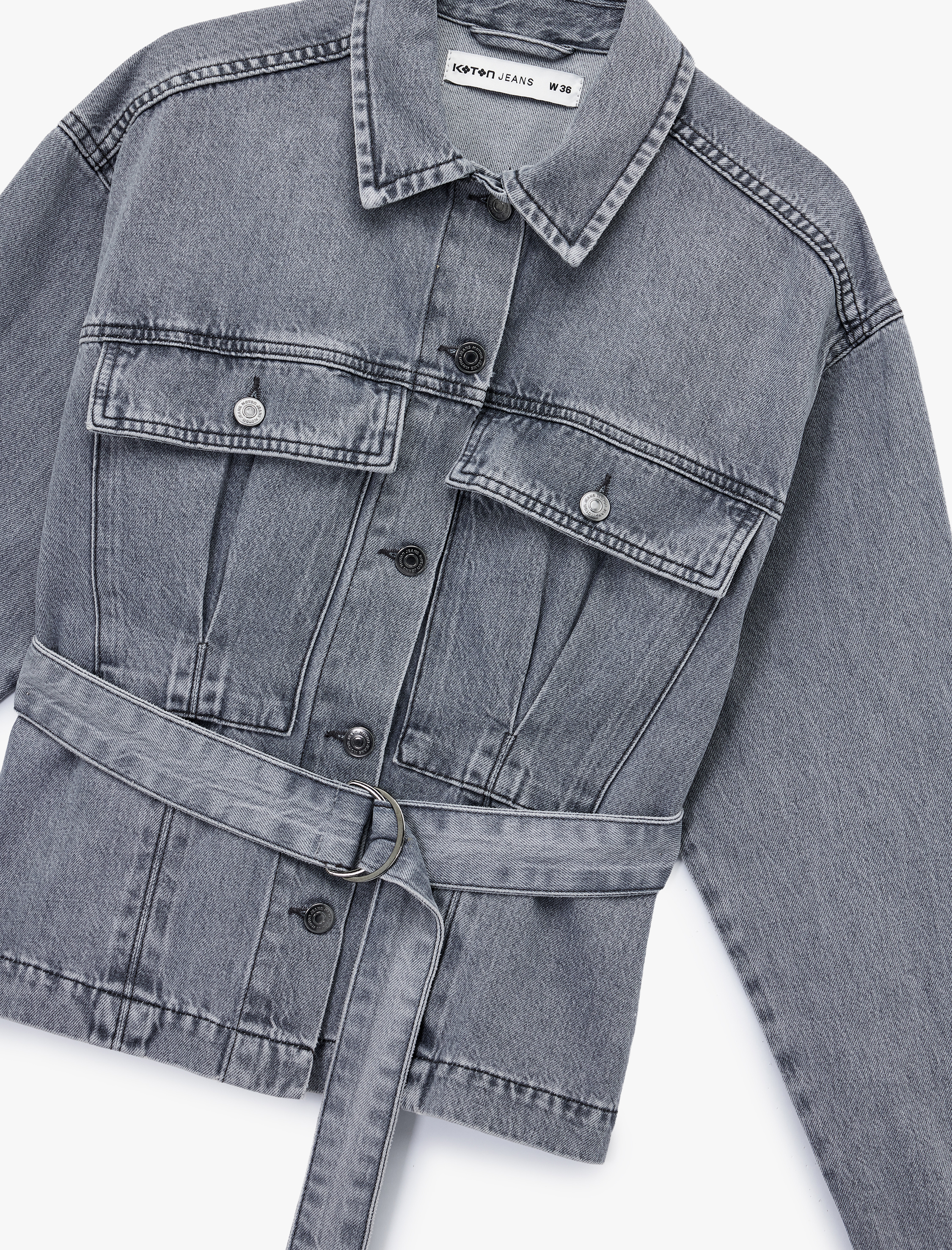   Pamuklu Cep Detaylı Uzun Kollu Klasik Yaka Kemerli Denim Ceket