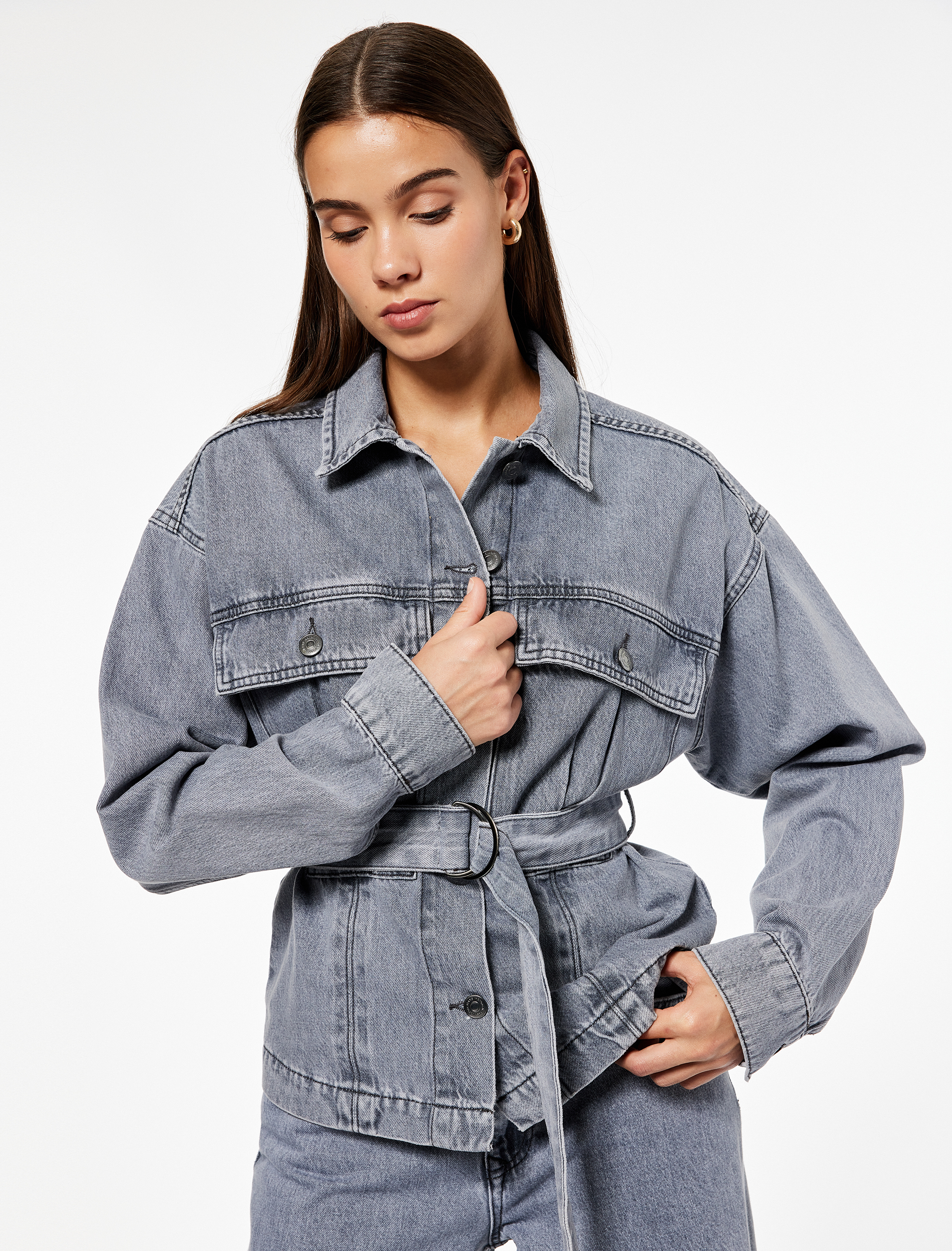   Pamuklu Cep Detaylı Uzun Kollu Klasik Yaka Kemerli Denim Ceket