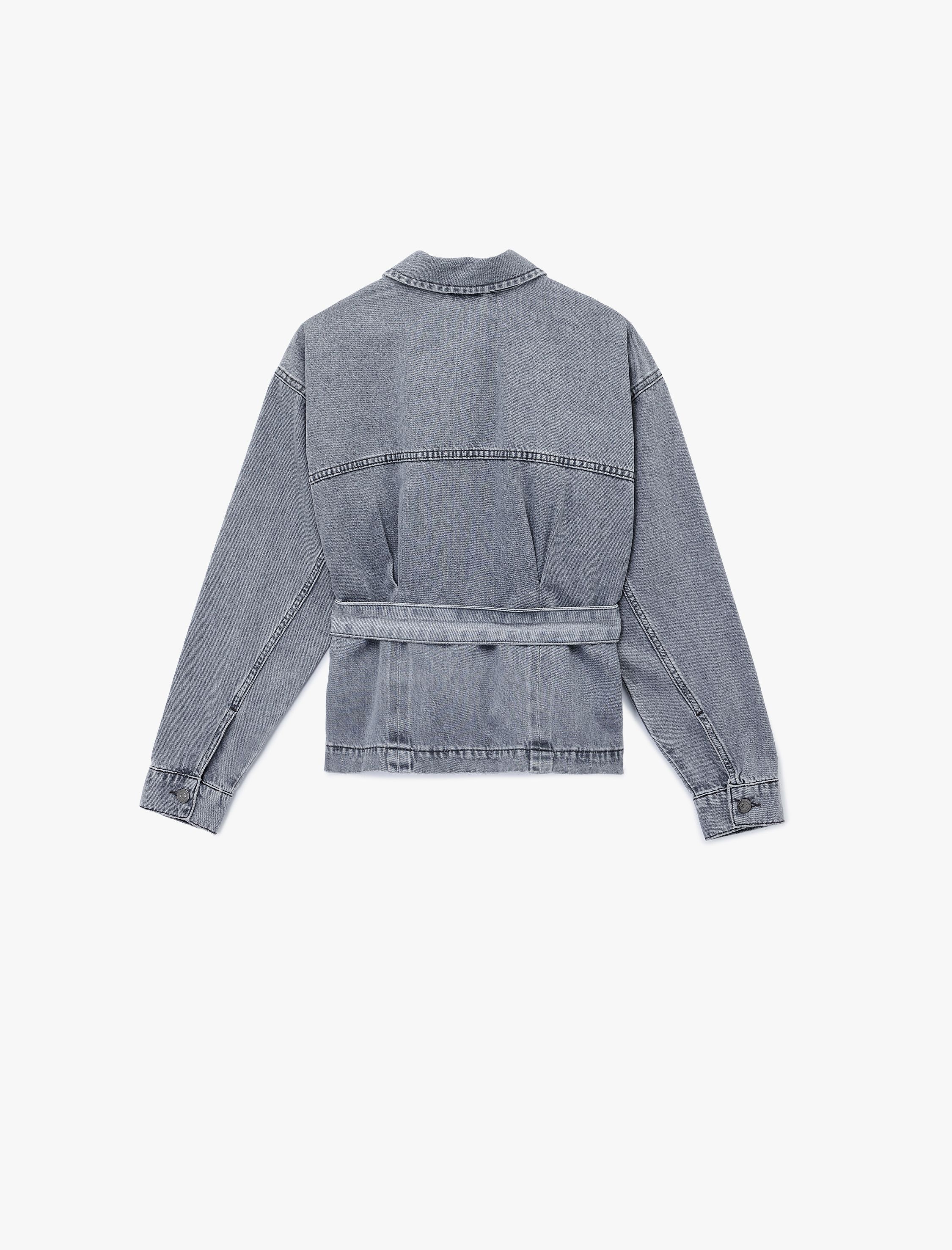   Pamuklu Cep Detaylı Uzun Kollu Klasik Yaka Kemerli Denim Ceket