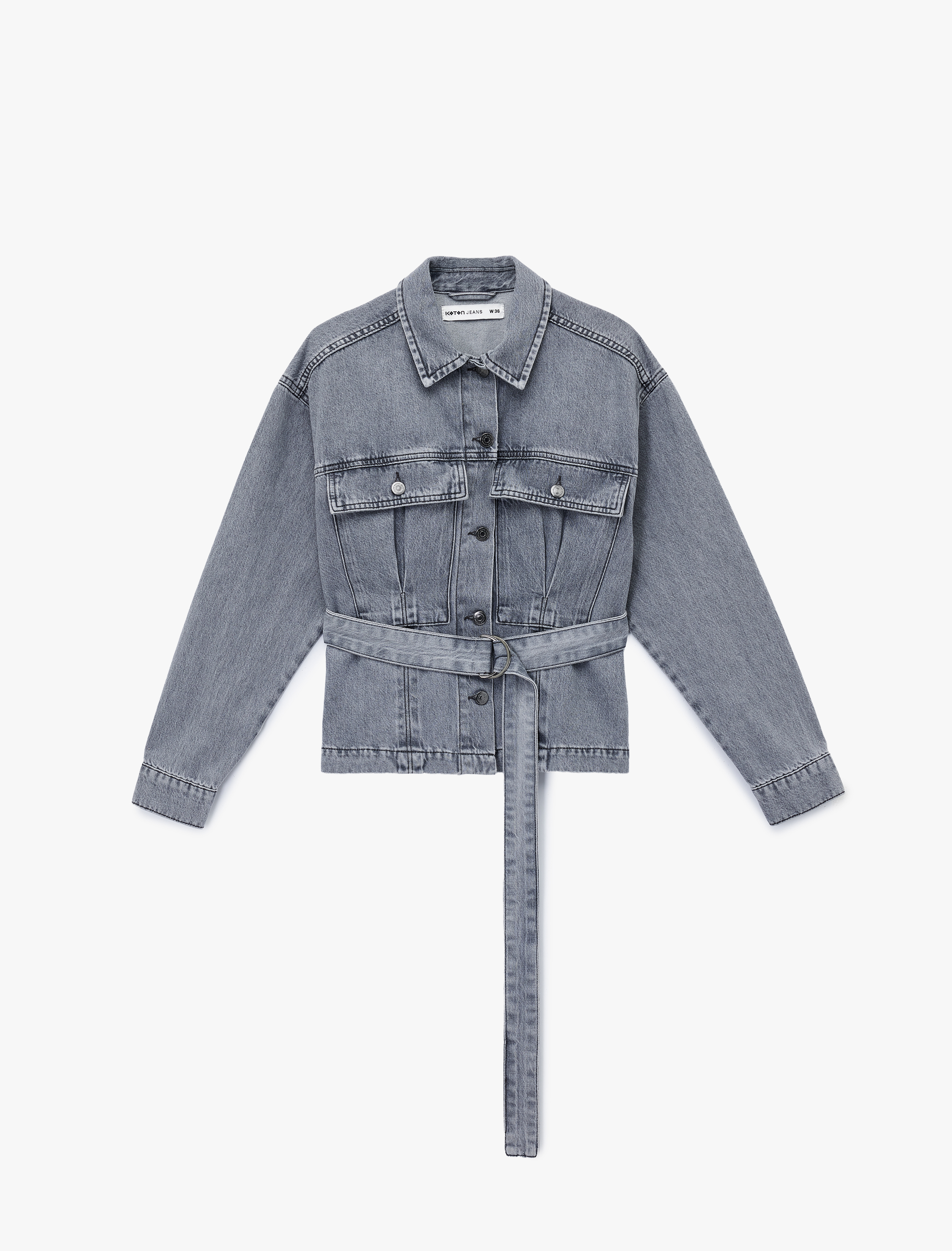   Pamuklu Cep Detaylı Uzun Kollu Klasik Yaka Kemerli Denim Ceket