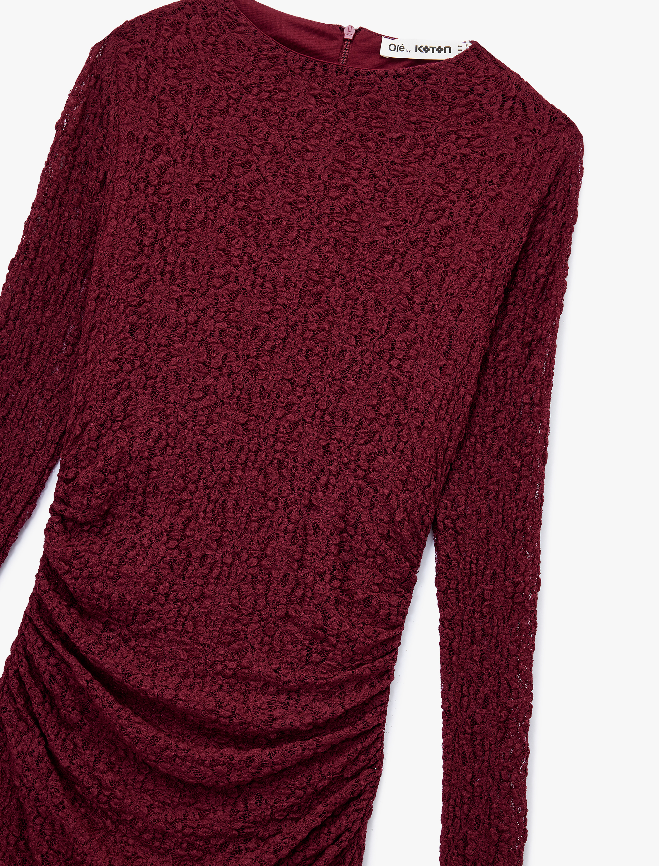   Drape Detaylı Asimetrik Uzun Kollu Bisiklet Yaka Mini Dantel Elbise