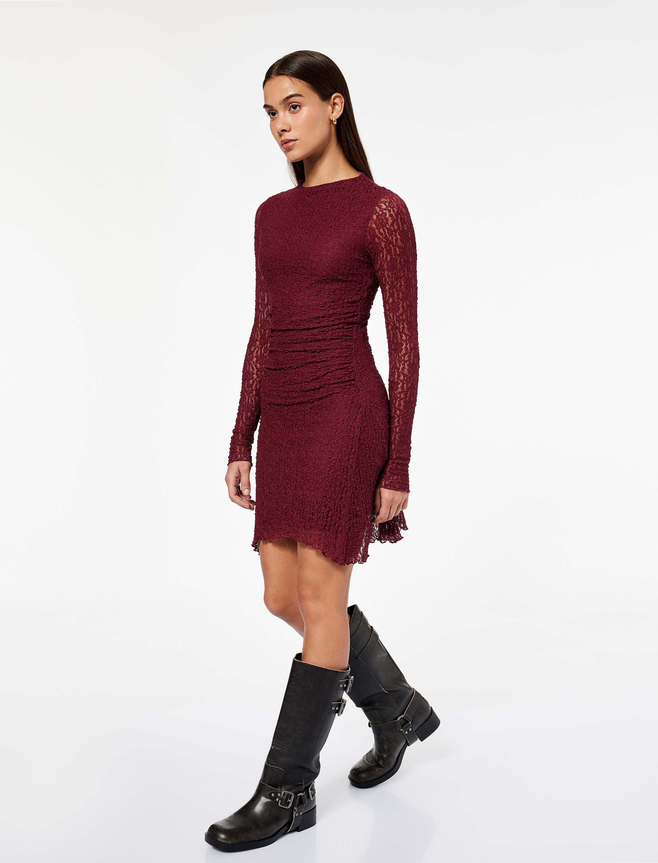   Drape Detaylı Asimetrik Uzun Kollu Bisiklet Yaka Mini Dantel Elbise