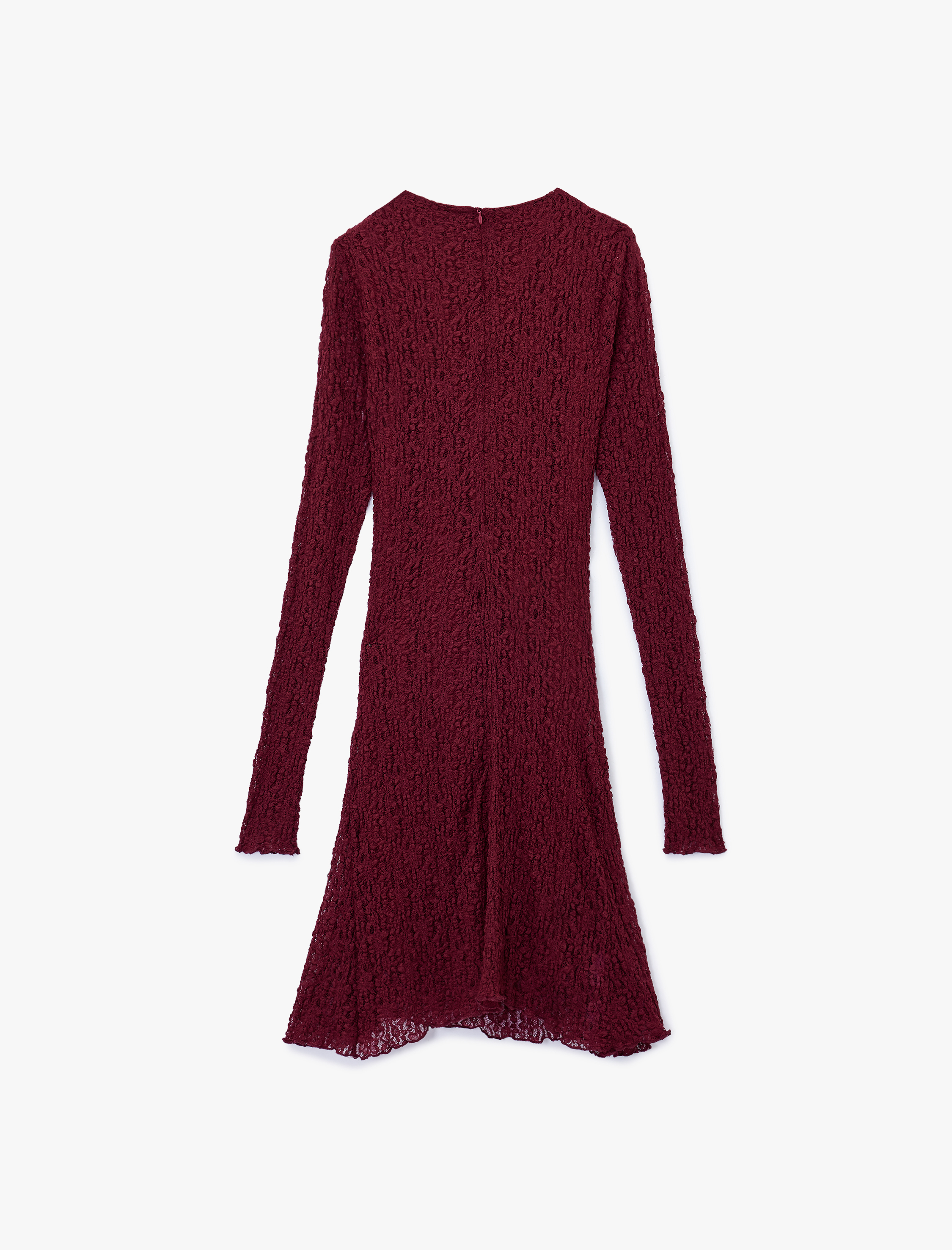   Drape Detaylı Asimetrik Uzun Kollu Bisiklet Yaka Mini Dantel Elbise