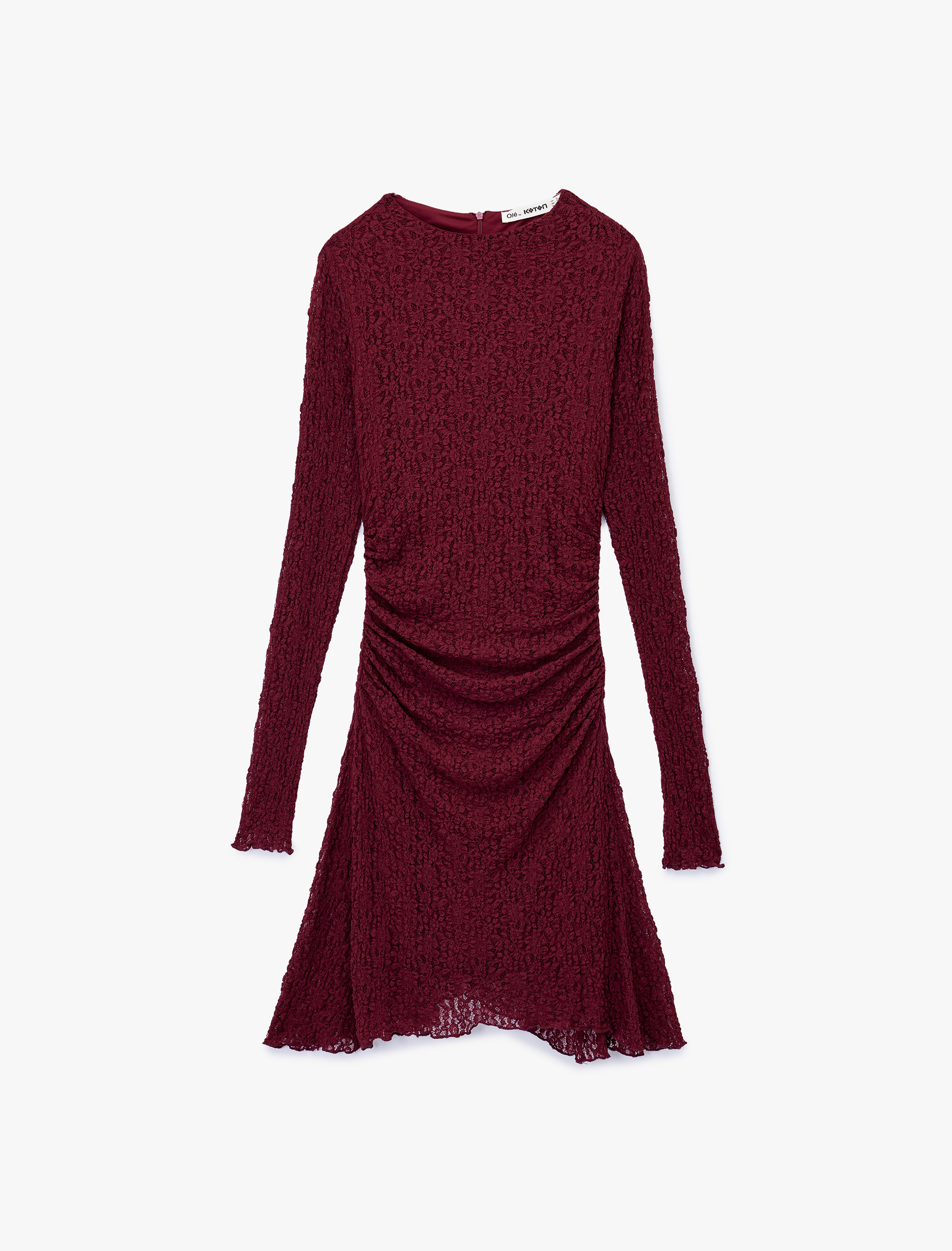   Drape Detaylı Asimetrik Uzun Kollu Bisiklet Yaka Mini Dantel Elbise