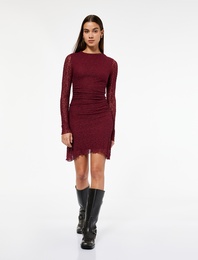 Drape Detaylı Asimetrik Uzun Kollu Bisiklet Yaka Mini Dantel Elbise