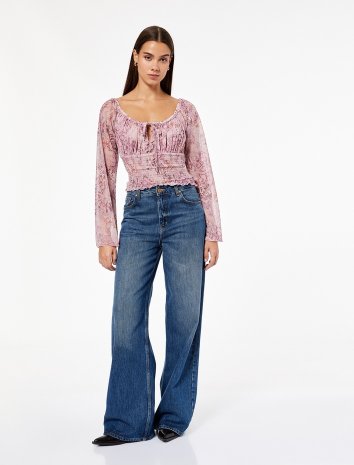  Kayık Yaka Uzun Kollu Bağcıklı Yaka Gipeli Şifon Bluz