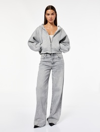 Şardonlu Kapüşonlu Baskılı Simli Cep Detaylı Fermuarlı Sweatshirt