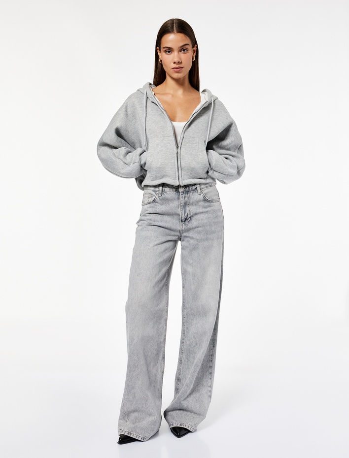  Şardonlu Kapüşonlu Baskılı Simli Cep Detaylı Fermuarlı Sweatshirt