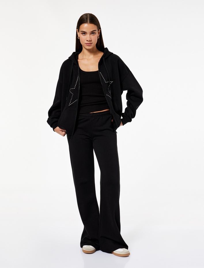  Pamuklu Beli Lastikli Yıldız İşlemeli Geniş Paça Eşofman Altı