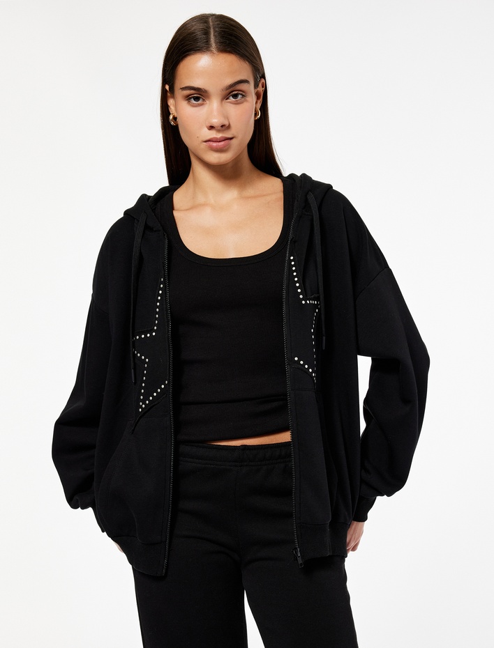  Cepli Kapüşonlu Fermuarlı Suni Süet Detaylı Oversize Taşlı Sweatshirt