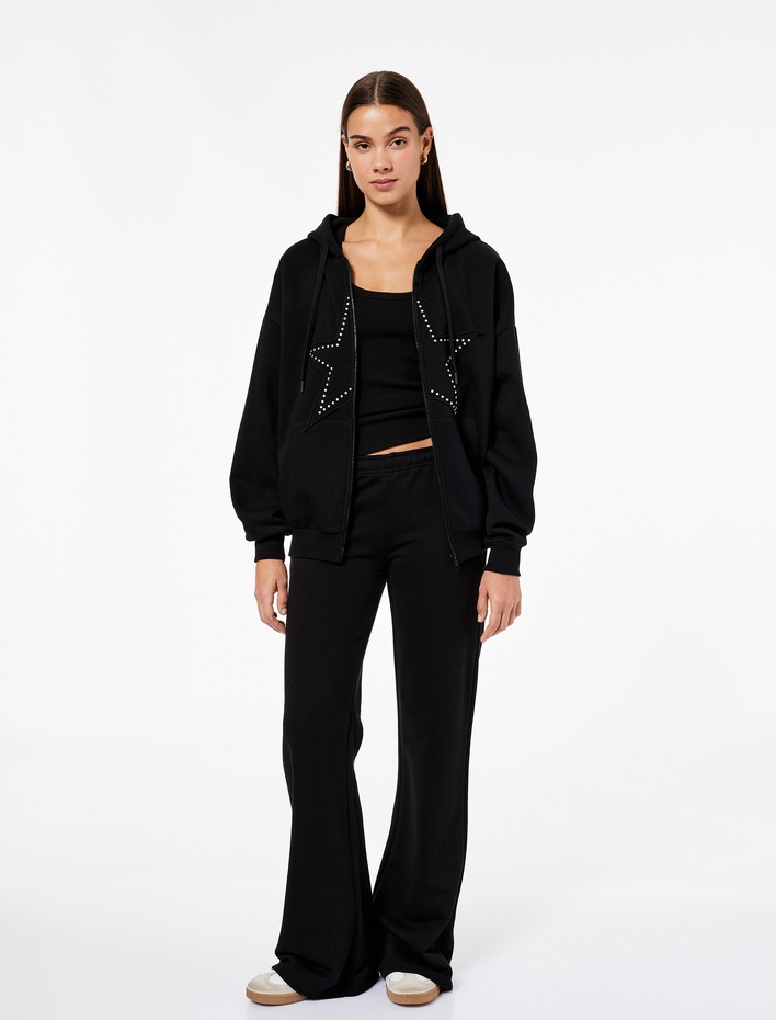  Cepli Kapüşonlu Fermuarlı Suni Süet Detaylı Oversize Taşlı Sweatshirt