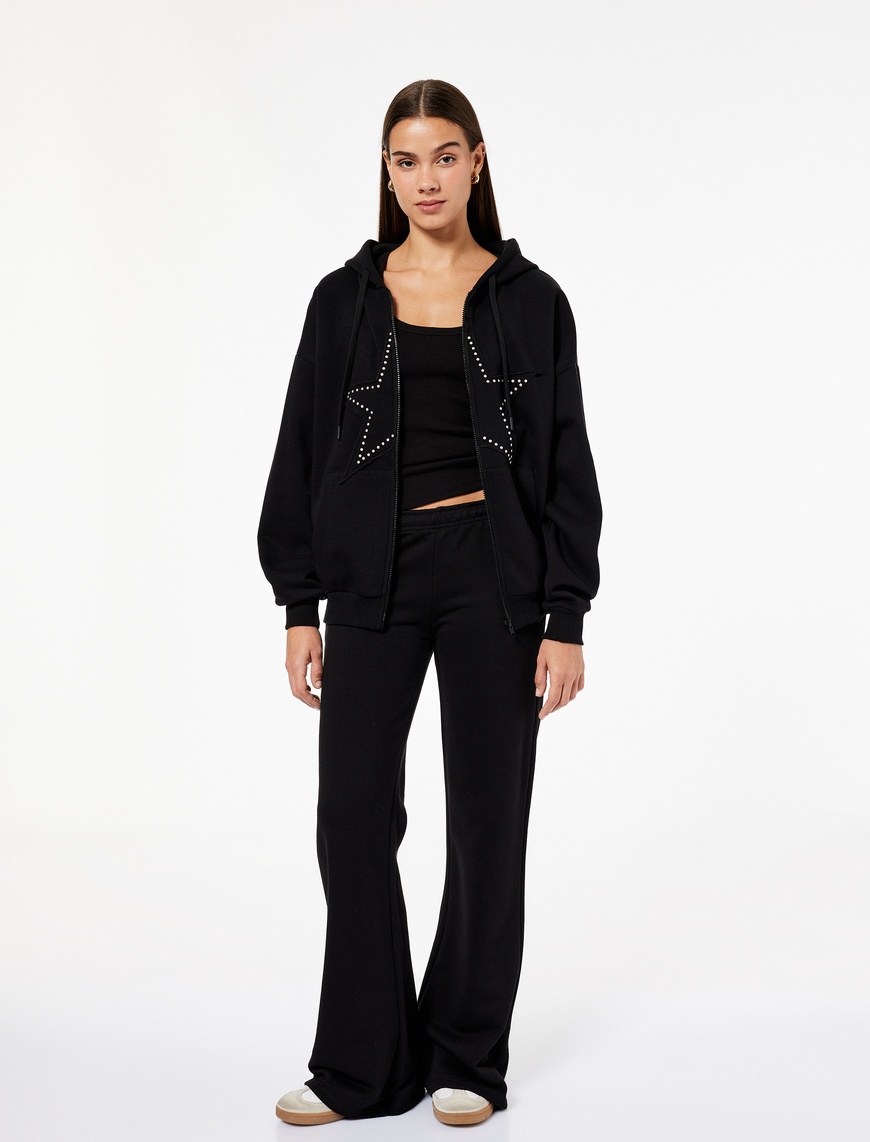   Cepli Kapüşonlu Fermuarlı Suni Süet Detaylı Oversize Taşlı Sweatshirt