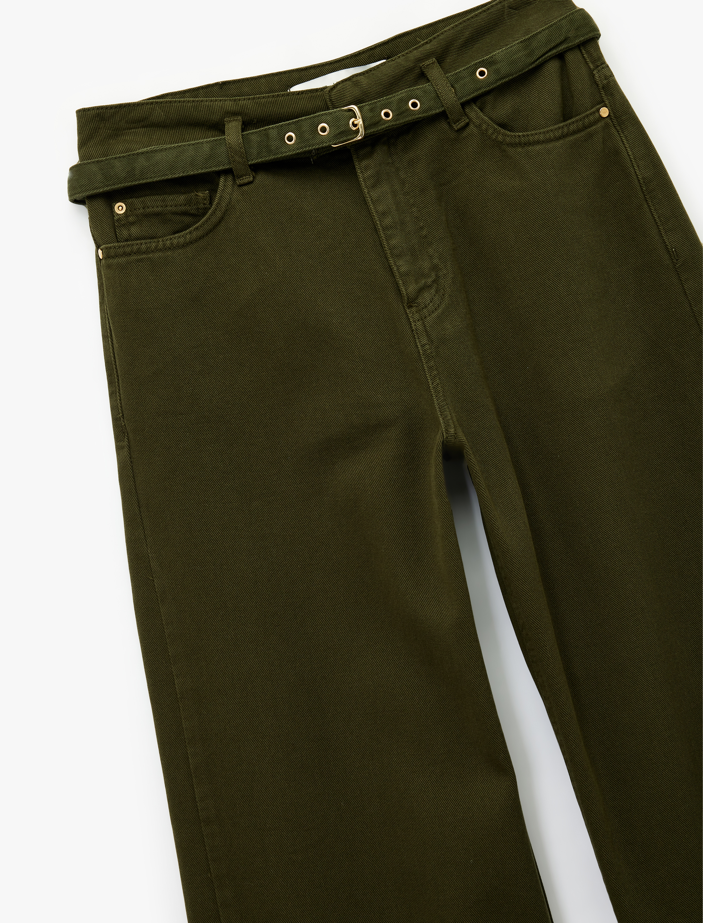   Cepli Pamuklu Kemer Detaylı Yüksek Bel Geniş Paça Pantolon - Wide Leg Jeans