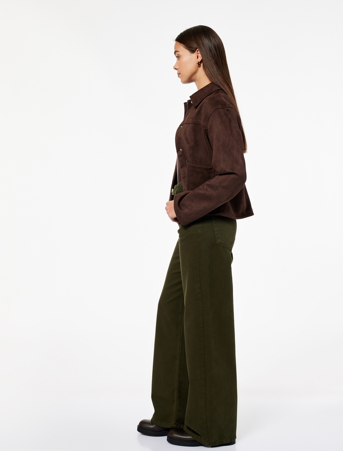  Cepli Pamuklu Kemer Detaylı Yüksek Bel Geniş Paça Pantolon - Wide Leg Jeans