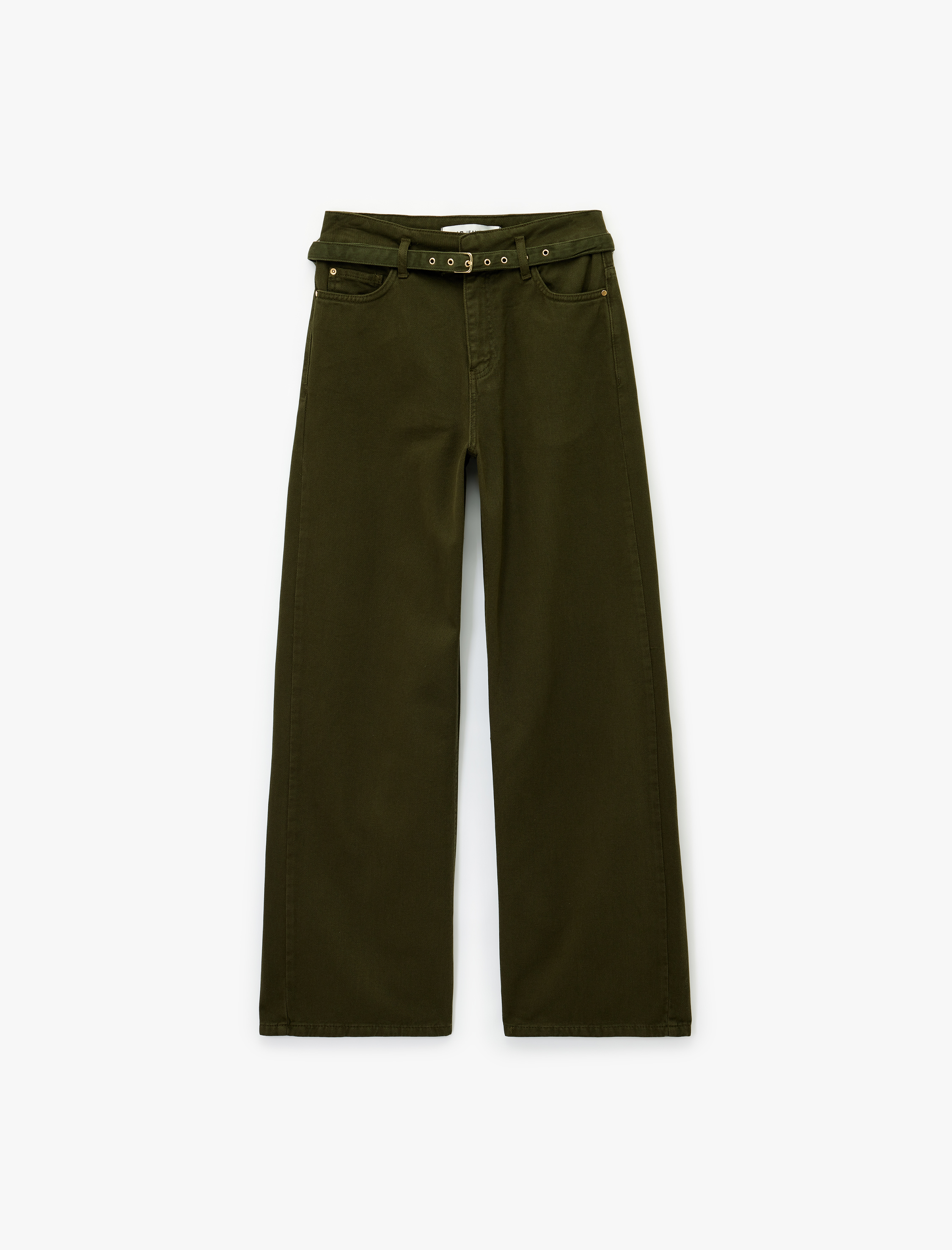   Cepli Pamuklu Kemer Detaylı Yüksek Bel Geniş Paça Pantolon - Wide Leg Jeans