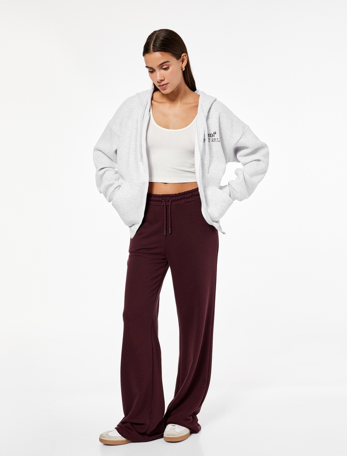  Fermuarlı Kapüşonlu Kanguru Cepli Arkası Baskılı Şardonlu Oversize Sweatshirt