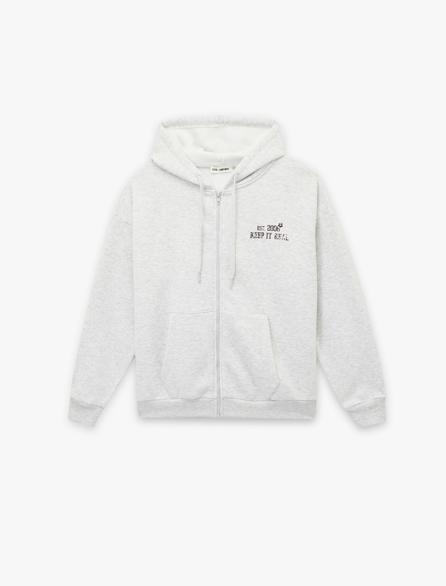   Fermuarlı Kapüşonlu Kanguru Cepli Arkası Baskılı Şardonlu Oversize Sweatshirt