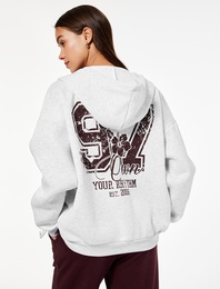 Fermuarlı Kapüşonlu Kanguru Cepli Arkası Baskılı Şardonlu Oversize Sweatshirt