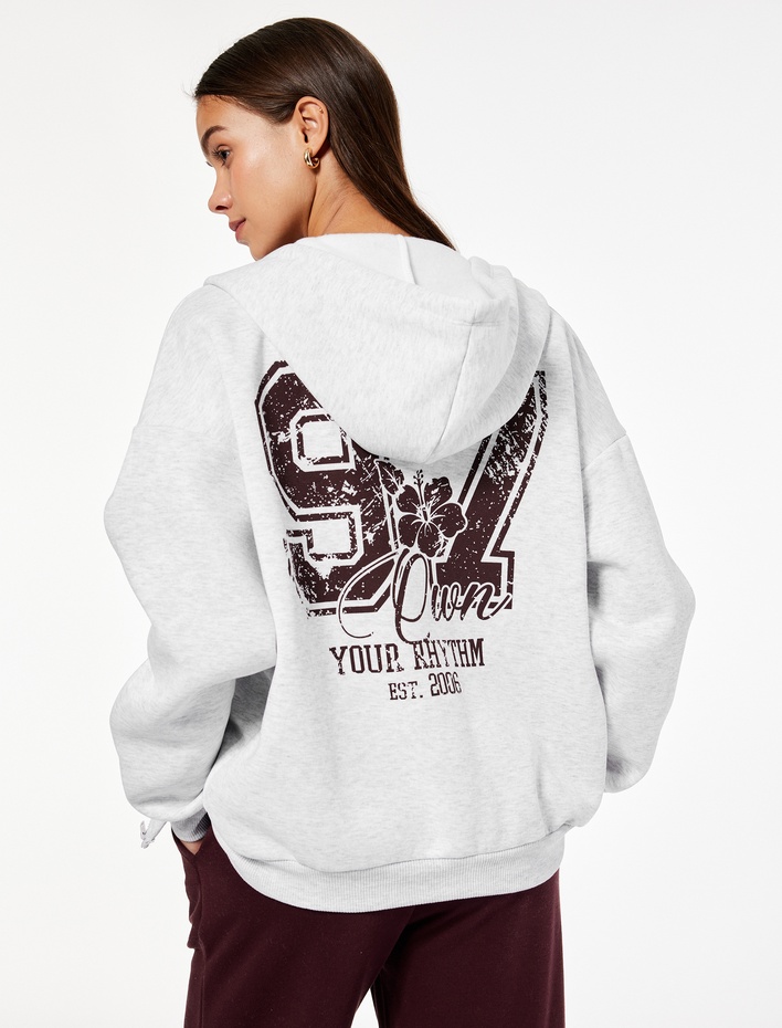  Fermuarlı Kapüşonlu Kanguru Cepli Arkası Baskılı Şardonlu Oversize Sweatshirt