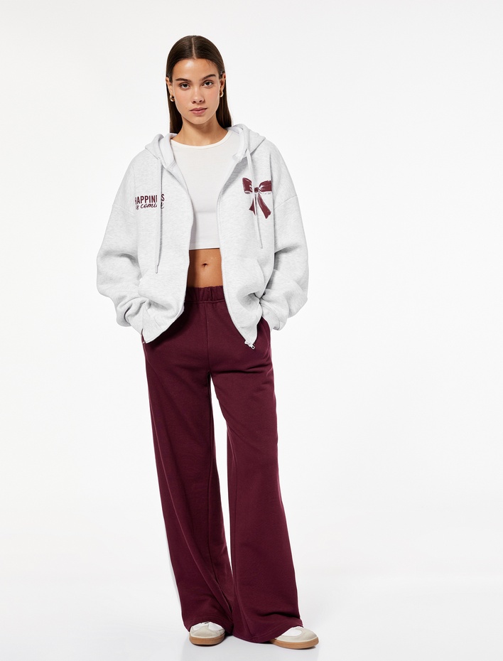  Fermuarlı Kapüşonlu Kanguru Cep Detaylı Arkası Fiyonk Baskılı Şardonlu Oversize Sweatshirt