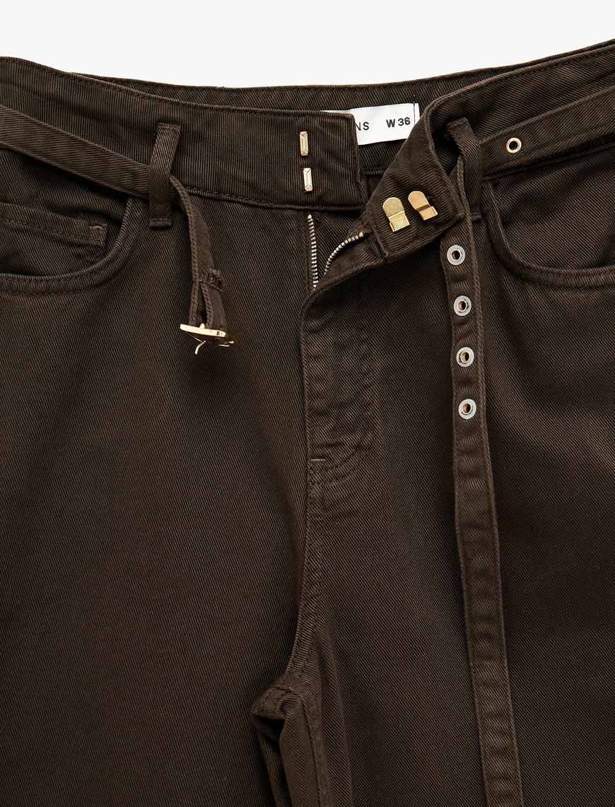   Cepli Pamuklu Kemer Detaylı Yüksek Bel Geniş Paça Pantolon - Wide Leg Jeans