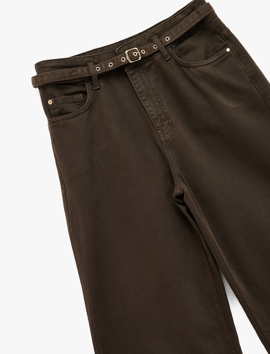   Cepli Pamuklu Kemer Detaylı Yüksek Bel Geniş Paça Pantolon - Wide Leg Jeans