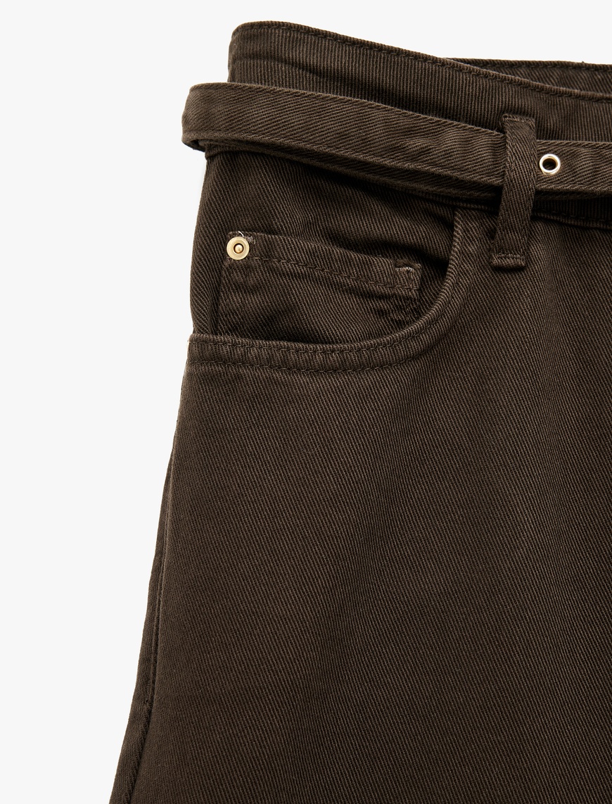   Cepli Pamuklu Kemer Detaylı Yüksek Bel Geniş Paça Pantolon - Wide Leg Jeans