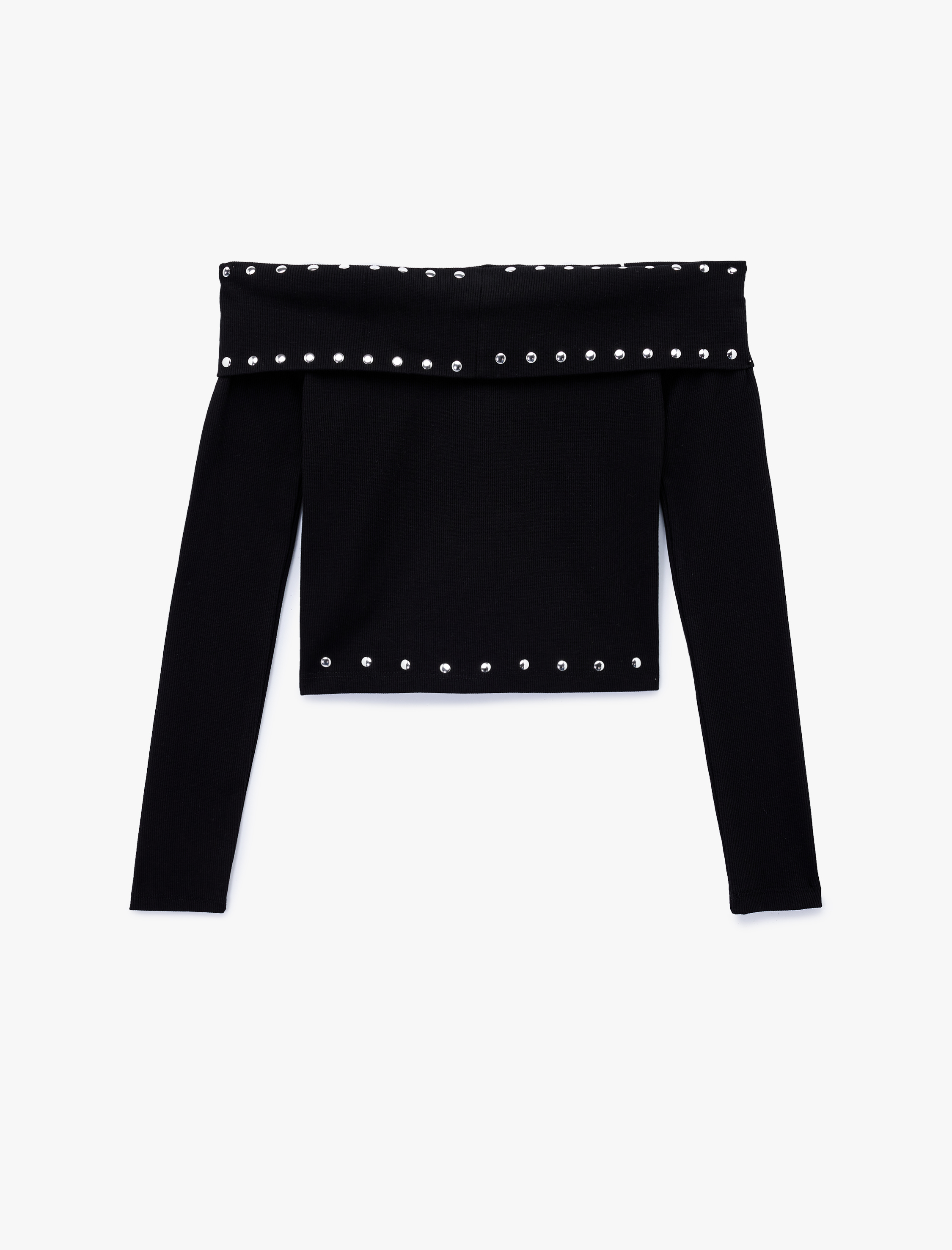   Pamuklu Metal Aksesuarlı Uzun Kollu Omzu Açık Tişört