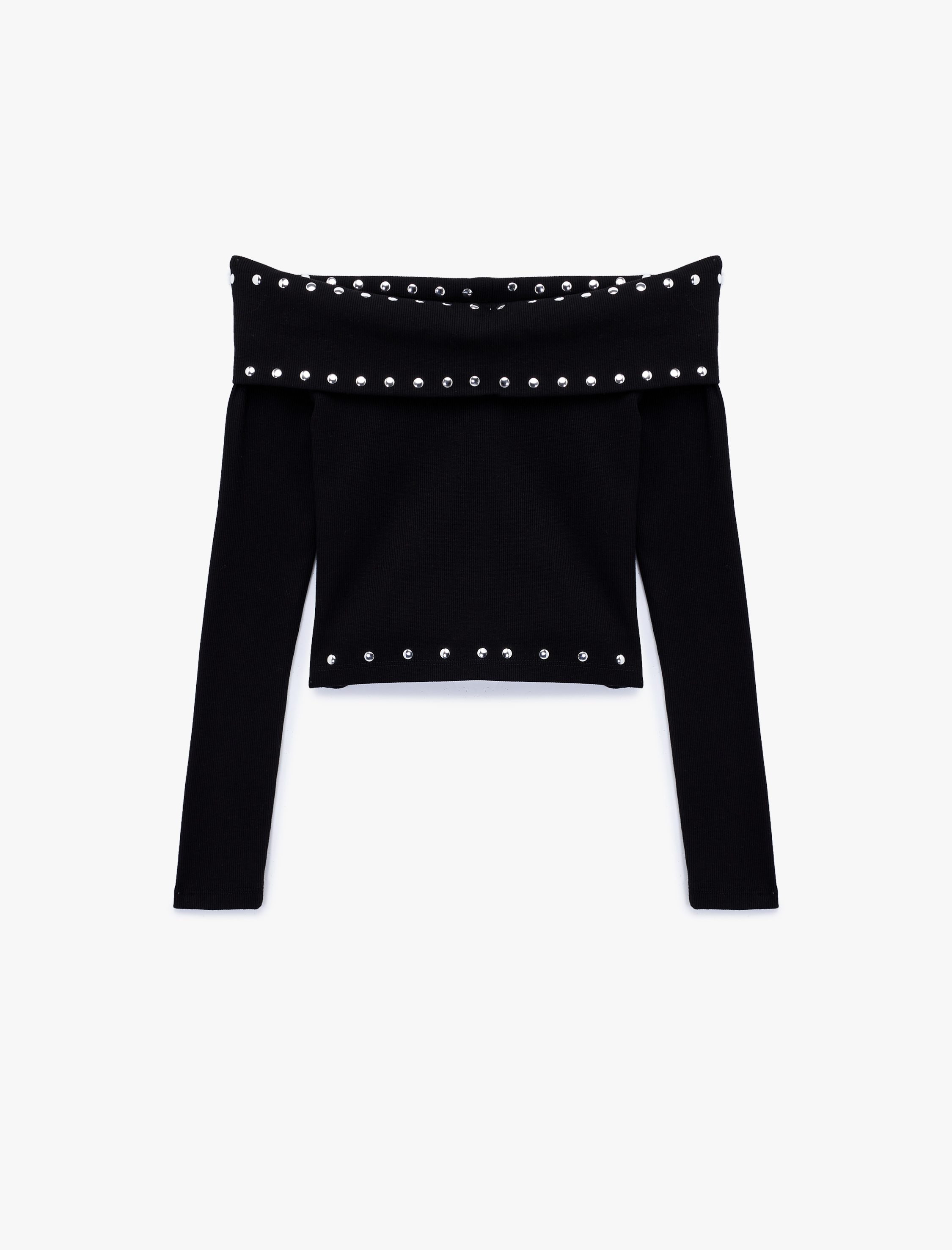   Pamuklu Metal Aksesuarlı Uzun Kollu Omzu Açık Tişört