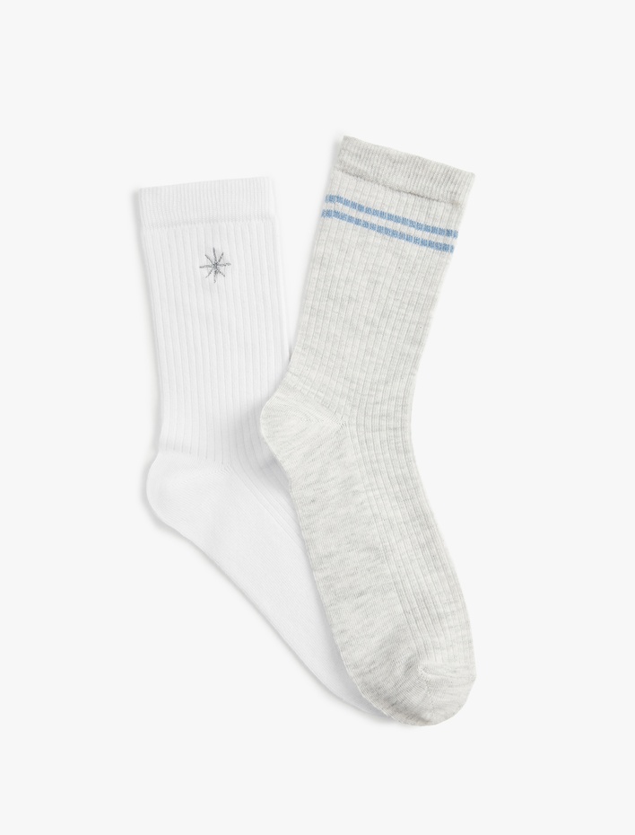 Kadın Pamuklu Soket İşlemeli 2'li Çorap Seti