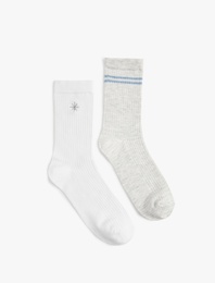 Pamuklu Soket İşlemeli 2'li Çorap Seti