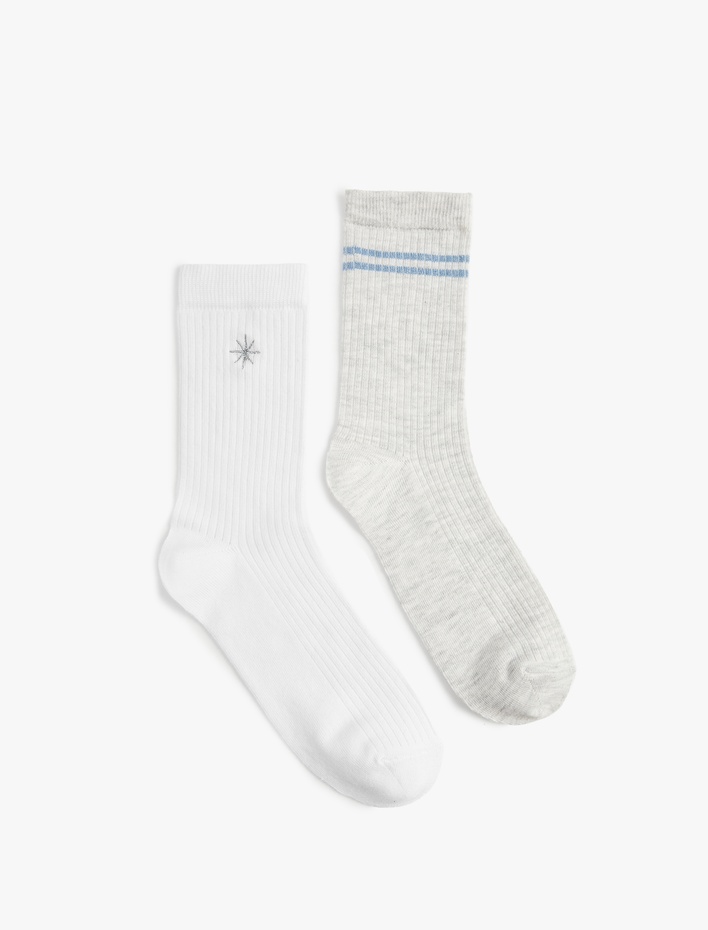 Kadın Pamuklu Soket İşlemeli 2'li Çorap Seti