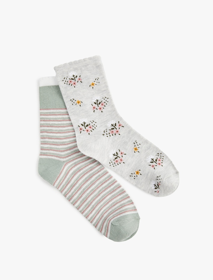 Kadın Çiçekli Çizgili 2'li Soket Çorap Seti