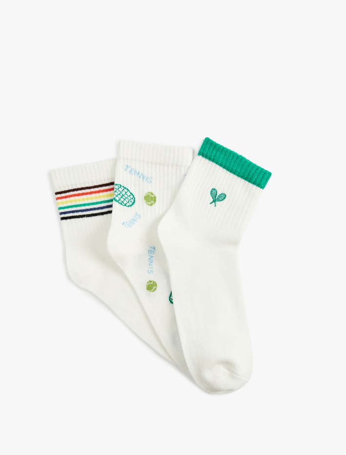 Kadın Çok Renkli Tenis Desenli Pamuklu 3'lü Soket Çorap Seti