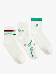 Çok Renkli Tenis Desenli Pamuklu 3'lü Soket Çorap Seti