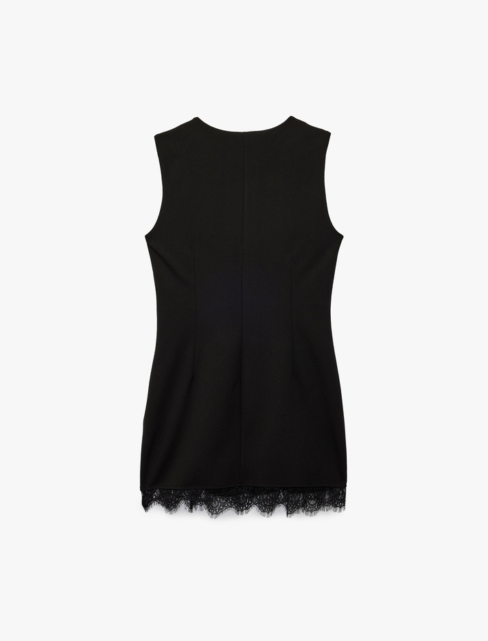  Kolsuz Bisiklet Yaka Bağlama Detaylı Slim Fit Dantel Detaylı Mini Elbise