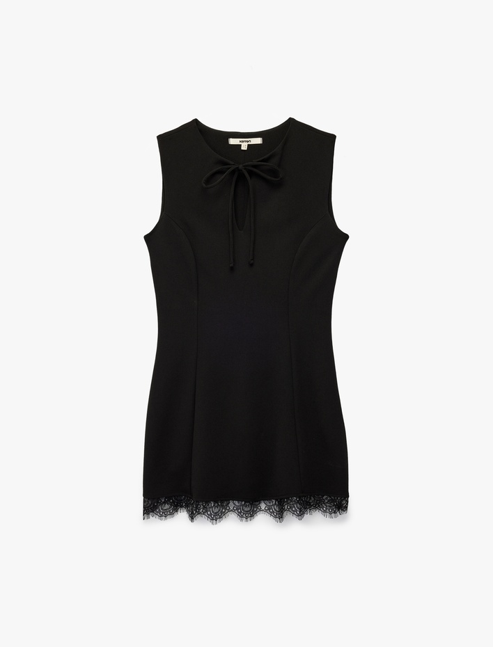  Kolsuz Bisiklet Yaka Bağlama Detaylı Slim Fit Dantel Detaylı Mini Elbise