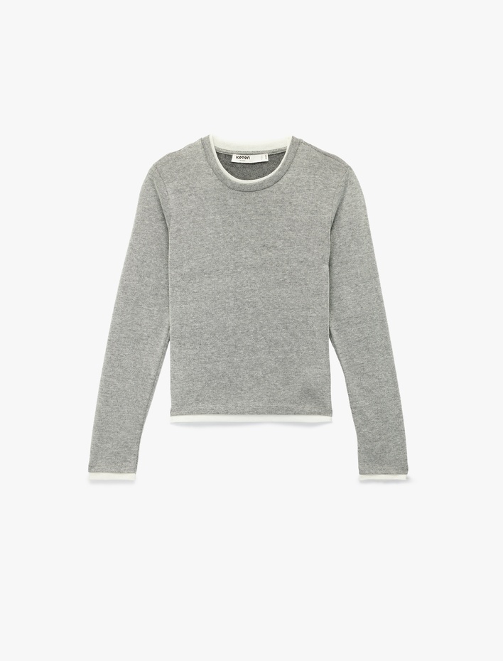  Regular Fit Kontrast Detaylı Uzun Kollu Bisiklet Yaka Tişört