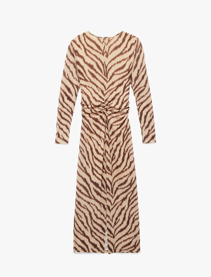  Slim Fit Yırtmaçlı Uzun Kollu Bisiklet Yaka Zebra Desenli Drapeli Elbise