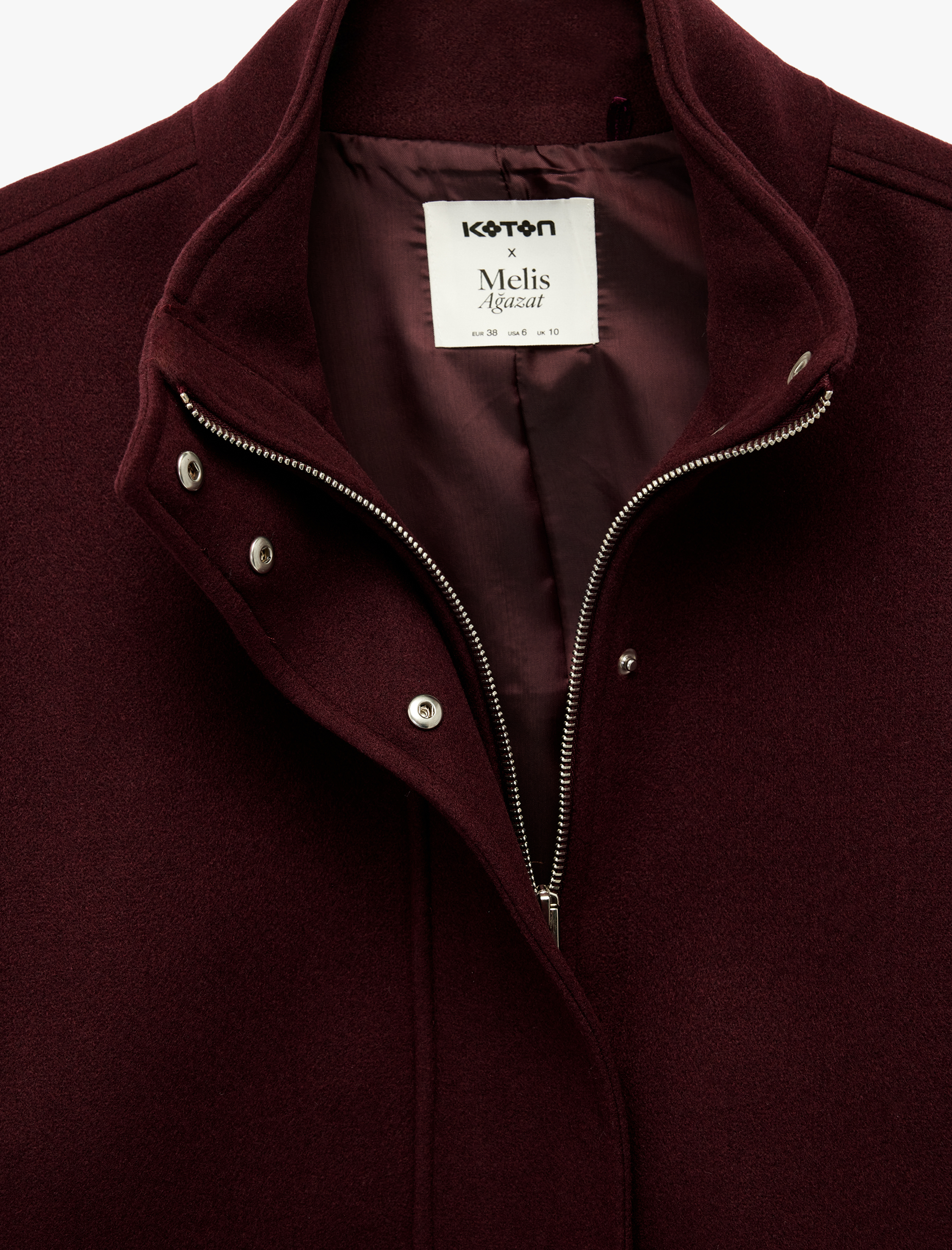   Koton X Melis Ağazat - Uzun Kollu Cepli Fermuarlı Dik Yaka Kaşe Mont