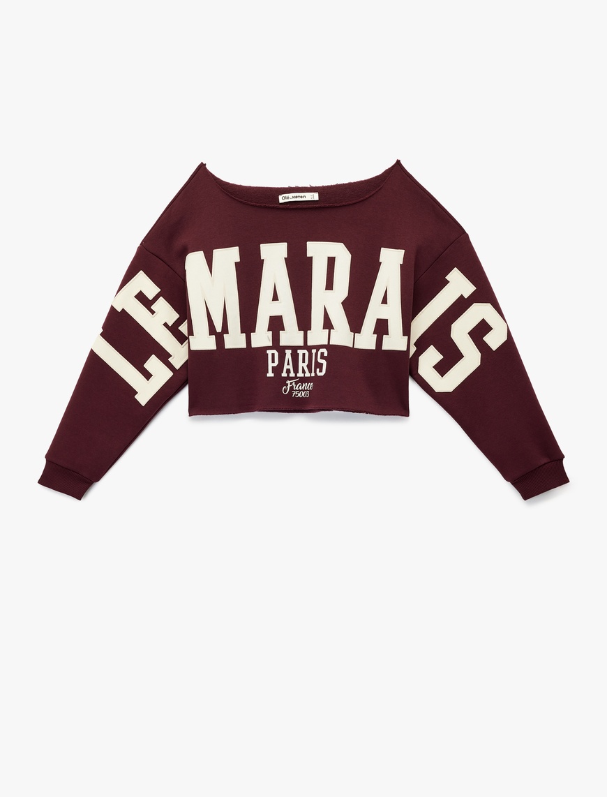   Uzun Kollu Baskılı Kayık Yaka Oversize Crop Sweatshirt