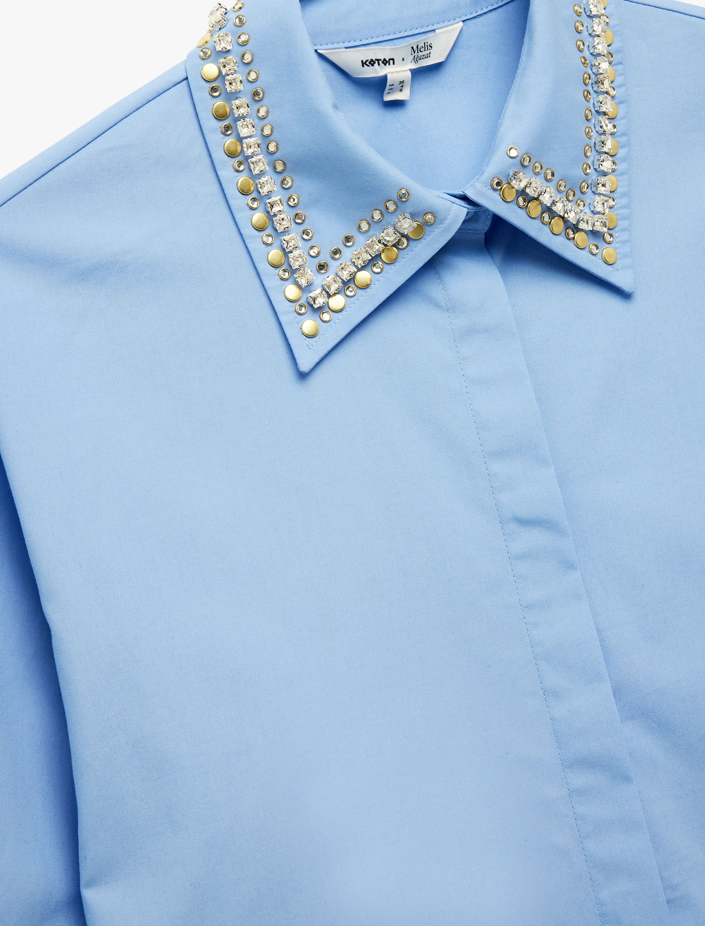   Koton X Melis Ağazat - Uzun Kollu Yakası Taş Detaylı Oversize Poplin Gömlek