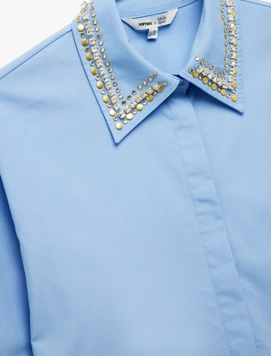   Koton X Melis Ağazat - Uzun Kollu Yakası Taş Detaylı Oversize Poplin Gömlek