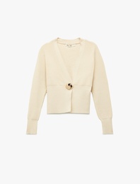 Koton X Melis Ağazat - Uzun Kollu V Yaka Aksesuar Düğme Detaylı Triko Hırka