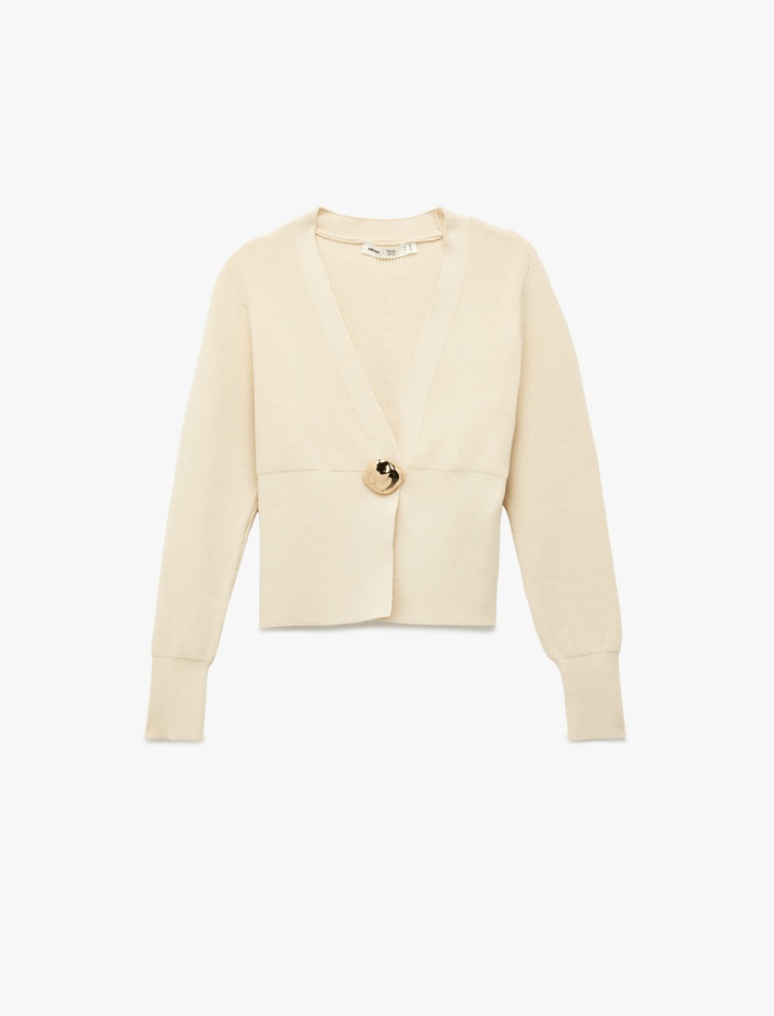  Koton X Melis Ağazat - Uzun Kollu V Yaka Aksesuar Düğme Detaylı Triko Hırka